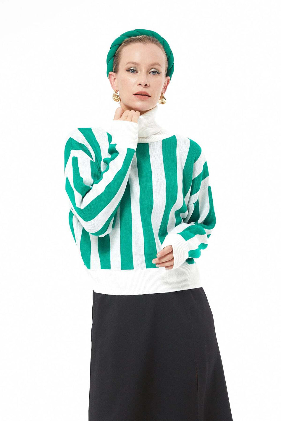 Striped Turtleneck Crop Knit Sweater - MALLTURK