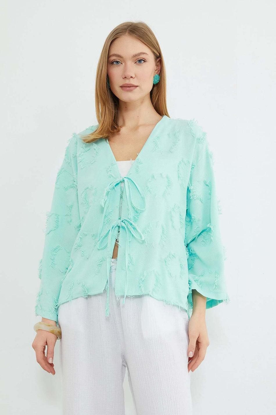 Tasseled Casual Kimono with Tie-Detail Front Panels - MALLTURK
