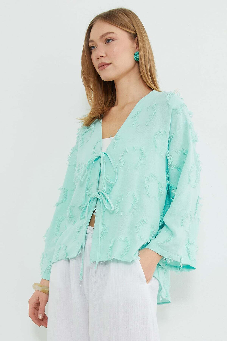 Tasseled Casual Kimono with Tie-Detail Front Panels - MALLTURK