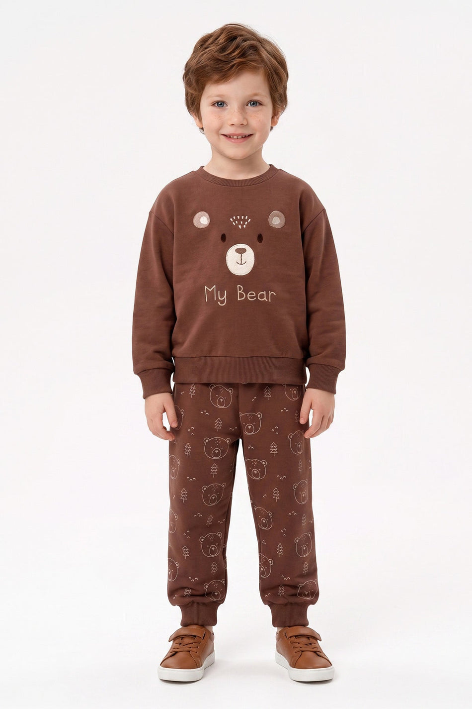 Teddy Bear Embroidered Crew Neck Boys' 2-Piece Set - MALLTURK