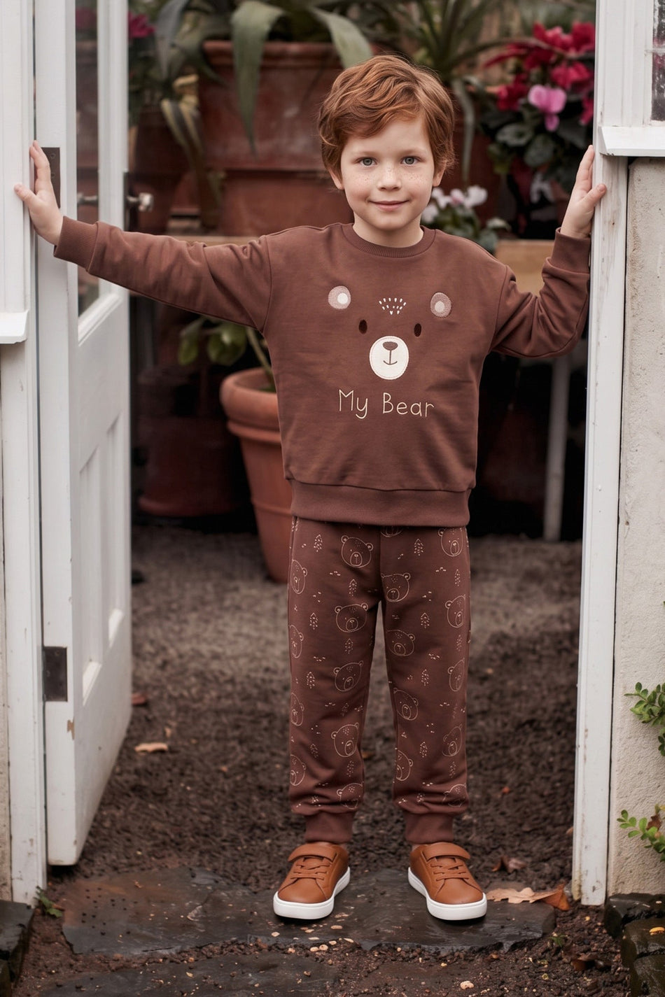 Teddy Bear Embroidered Crew Neck Boys' 2-Piece Set - MALLTURK