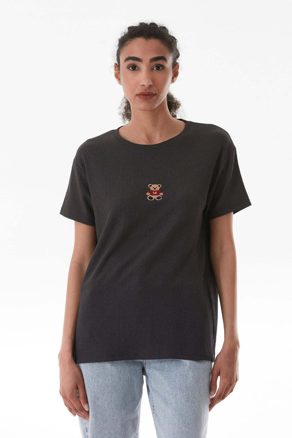 Teddy Bear Embroidered Wrinkle Fabric Oversize T-Shirt - MALLTURK