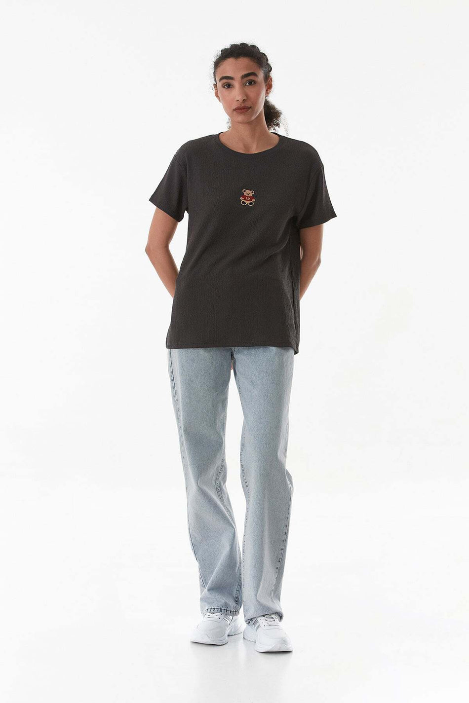 Teddy Bear Embroidered Wrinkle Fabric Oversize T-Shirt - MALLTURK