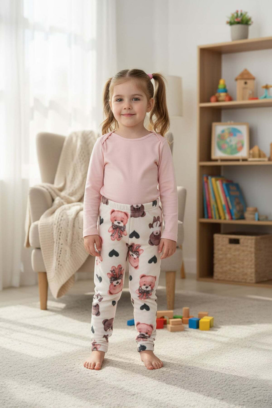 Teddy Bear Patterned Elastic Waist Girls' Fleece Pajama Bottoms - MALLTURK