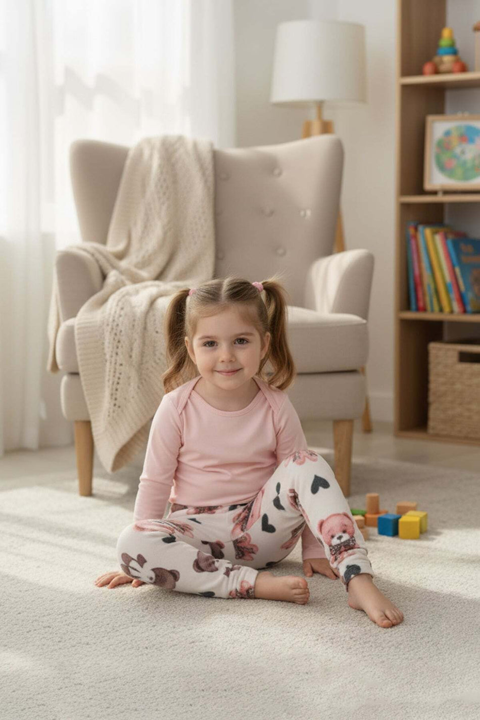 Teddy Bear Patterned Elastic Waist Girls' Fleece Pajama Bottoms - MALLTURK