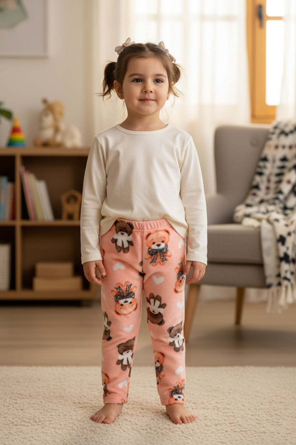 Teddy Bear Patterned Elastic Waist Girls' Fleece Pajama Bottoms - MALLTURK