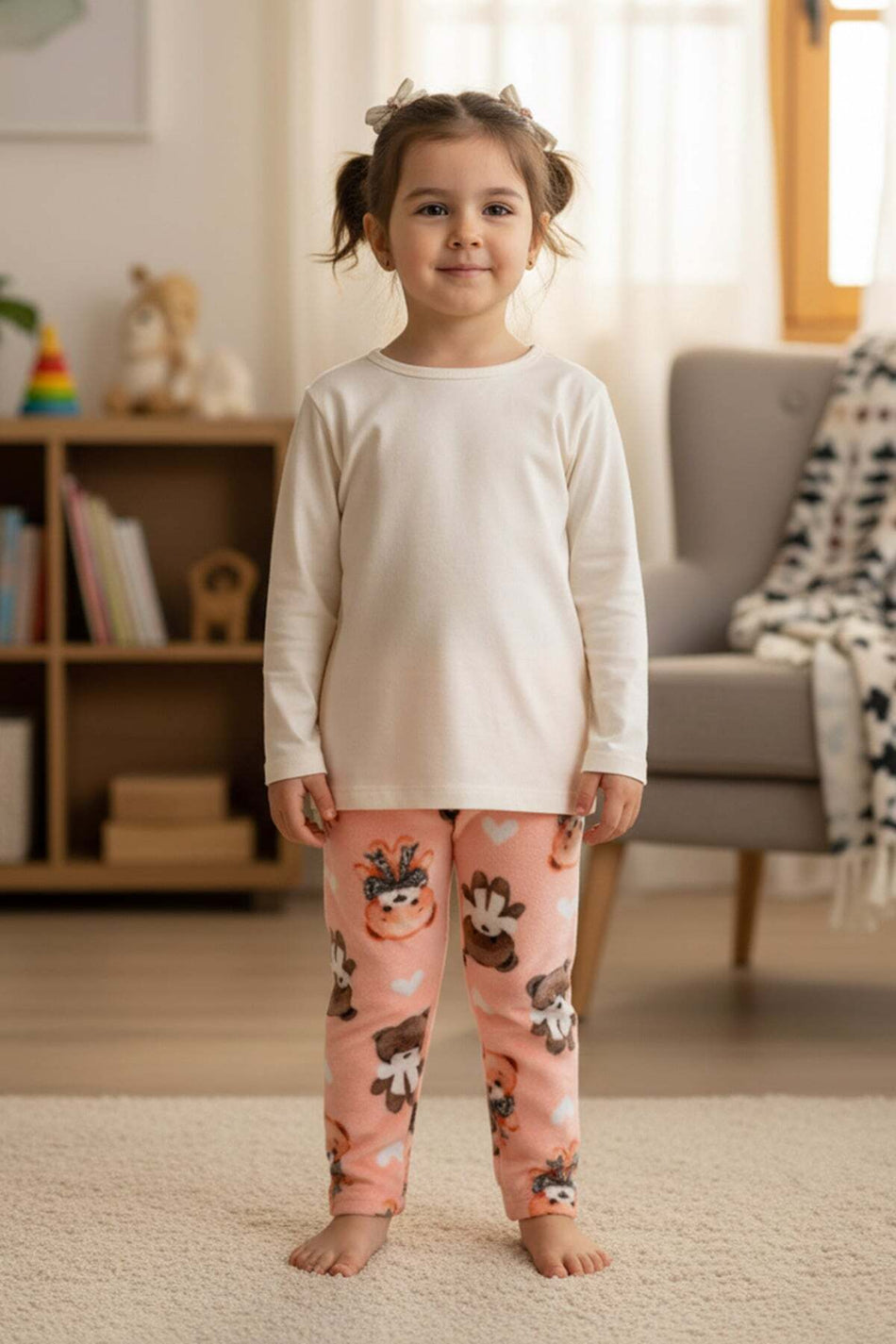 Teddy Bear Patterned Elastic Waist Girls' Fleece Pajama Bottoms - MALLTURK