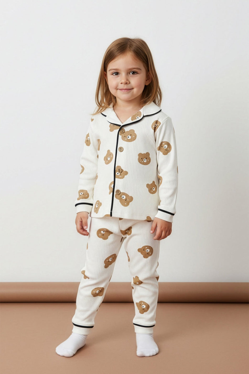 Teddy Bear Printed Corded Fabric Unisex Children's Pajama Set - MALLTURK