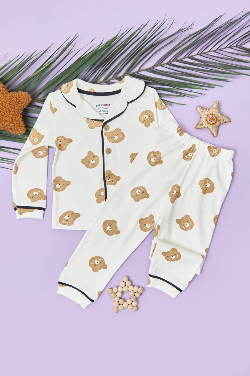 Teddy Bear Printed Corded Fabric Unisex Children's Pajama Set - MALLTURK