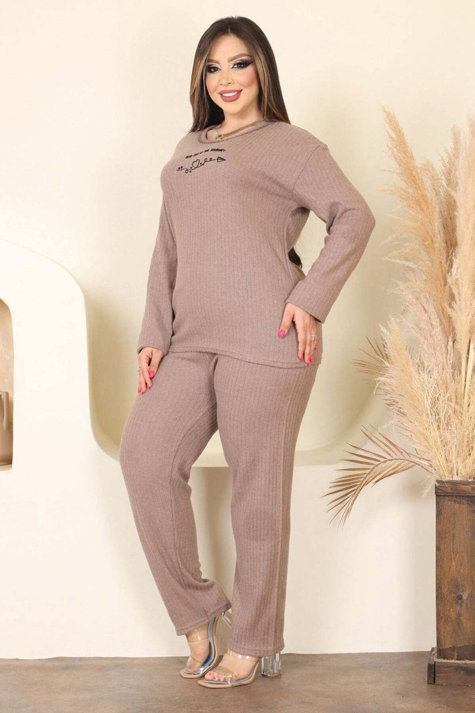 Text Printed Plus Size Pajama Set - MALLTURK