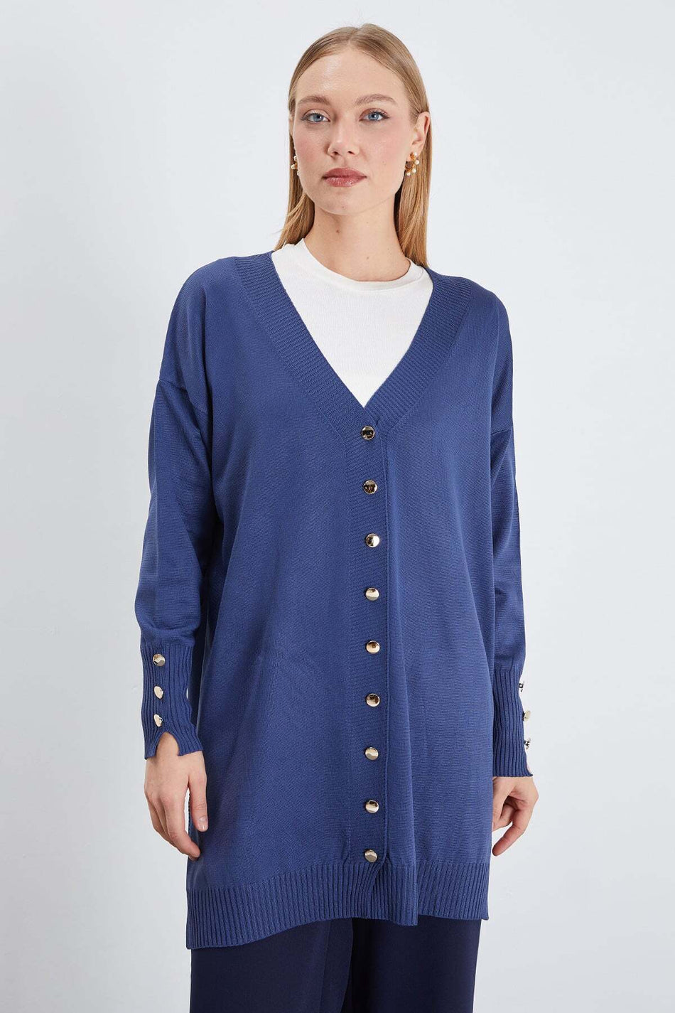 V-Neck Cardigan with Sleeve Button Detail - MALLTURK