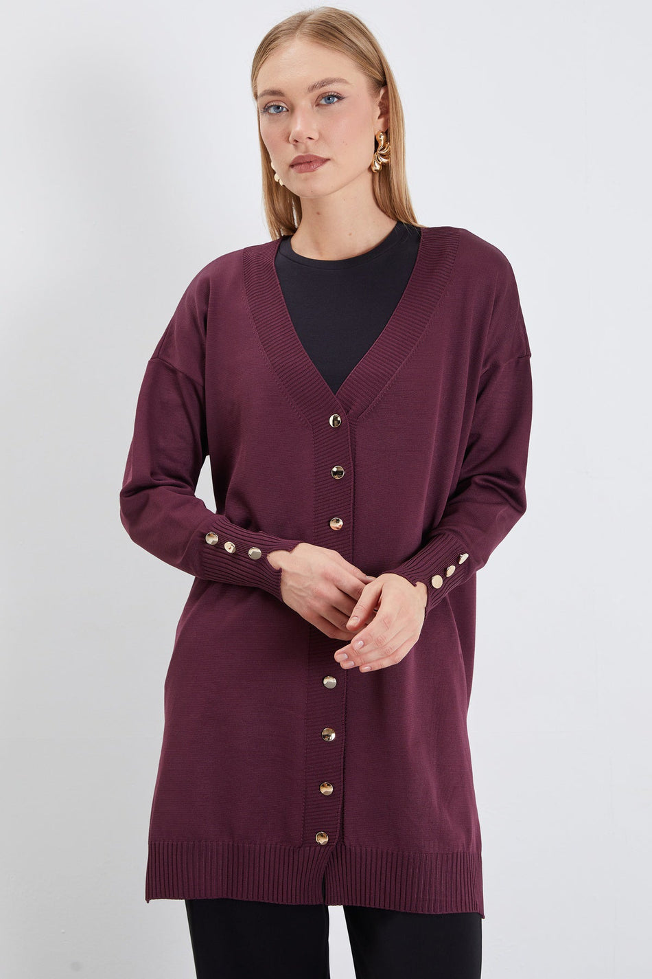 V-Neck Cardigan with Sleeve Button Detail - MALLTURK