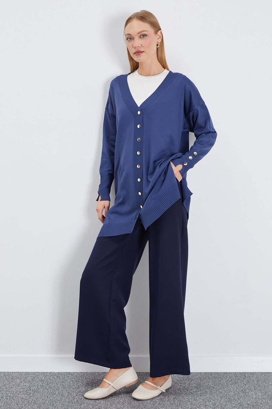 V-Neck Cardigan with Sleeve Button Detail - MALLTURK