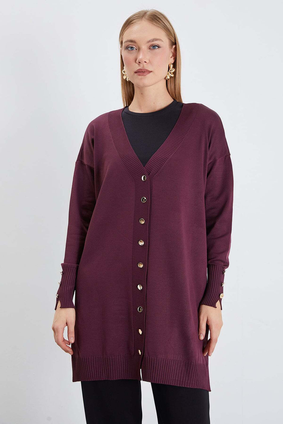 V-Neck Cardigan with Sleeve Button Detail - MALLTURK