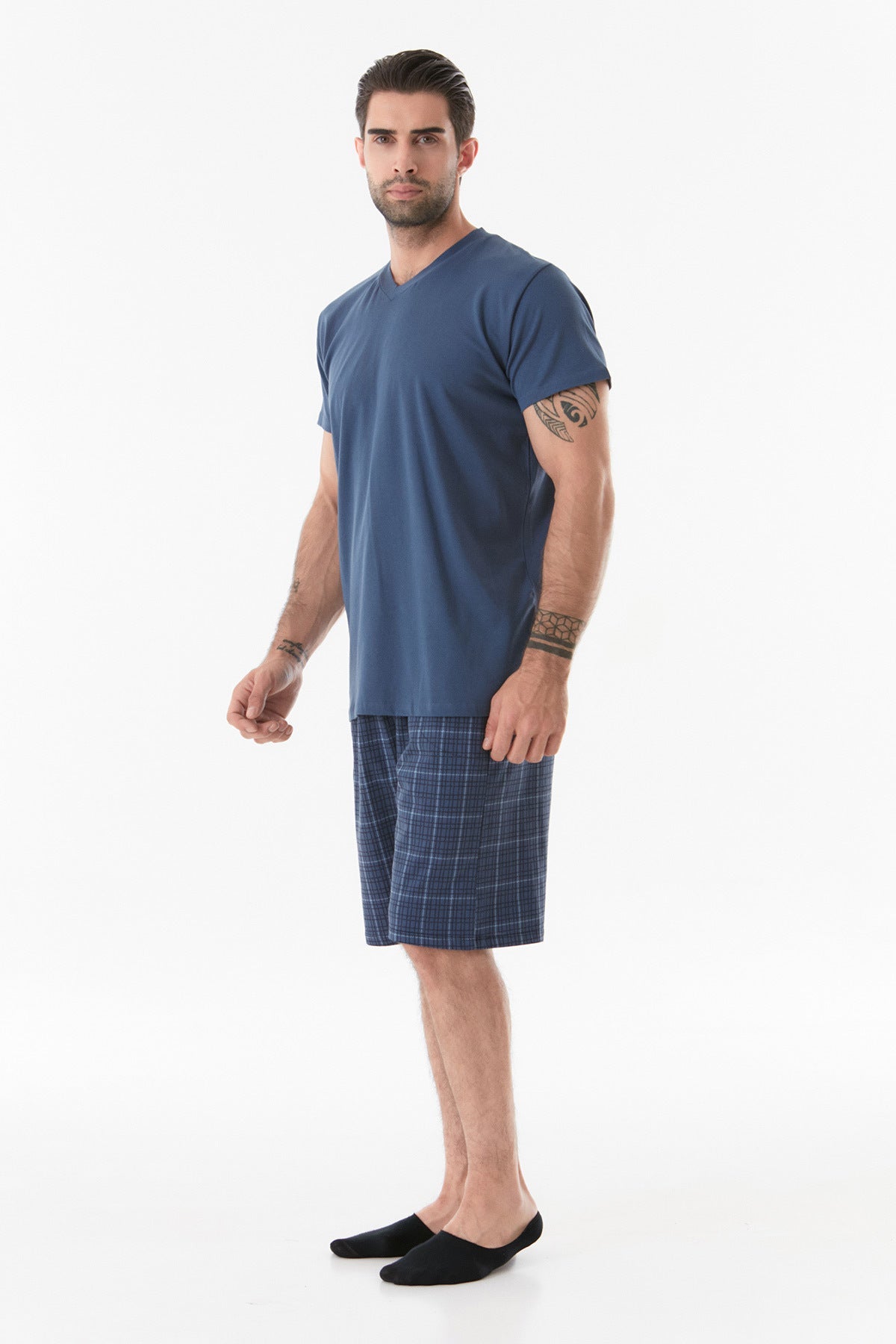 V-Neck Plaid Pajama Set - MALLTURK
