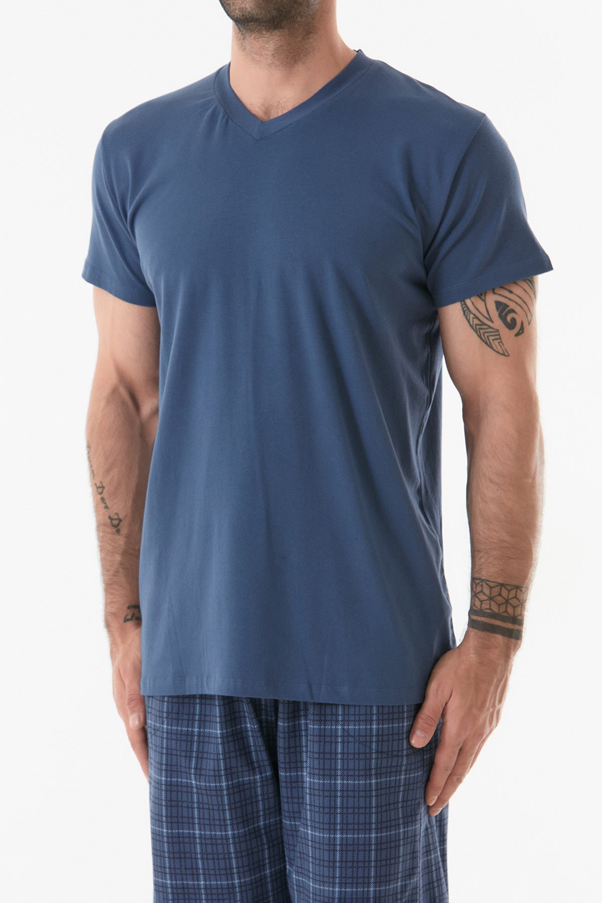 V-Neck Plaid Pajama Set - MALLTURK