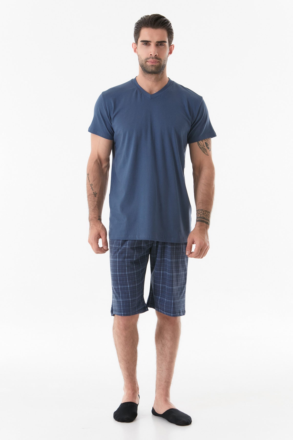V-Neck Plaid Pajama Set - MALLTURK