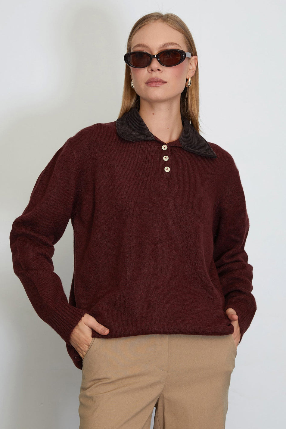 Velvet Polo Collar Knit Sweater - MALLTURK