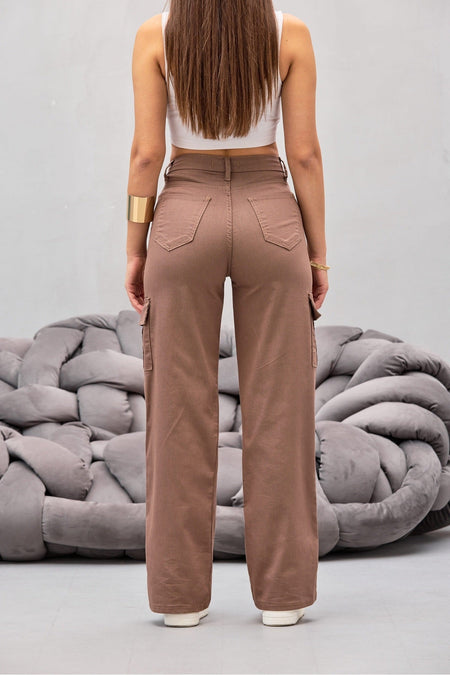 VİZON Kargo Cepli Likralı Yüksek Bel Wide Leg Pantolon - MALLTURK