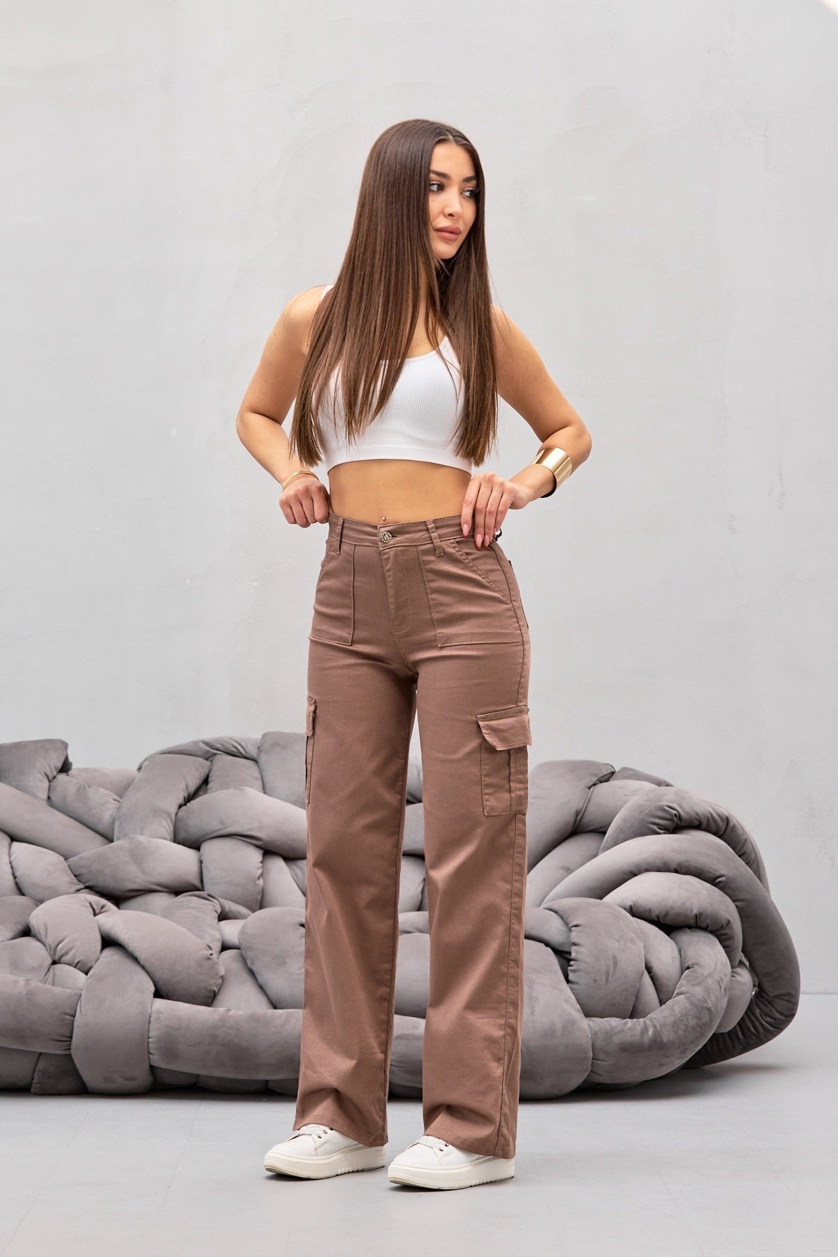 VİZON Kargo Cepli Likralı Yüksek Bel Wide Leg Pantolon - MALLTURK