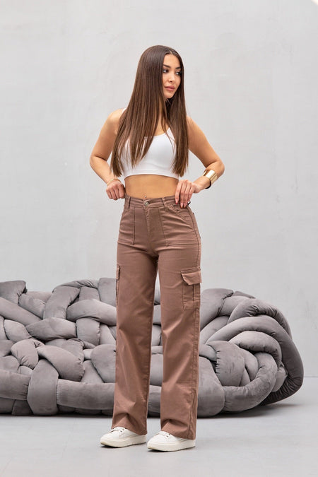 VİZON Kargo Cepli Likralı Yüksek Bel Wide Leg Pantolon - MALLTURK
