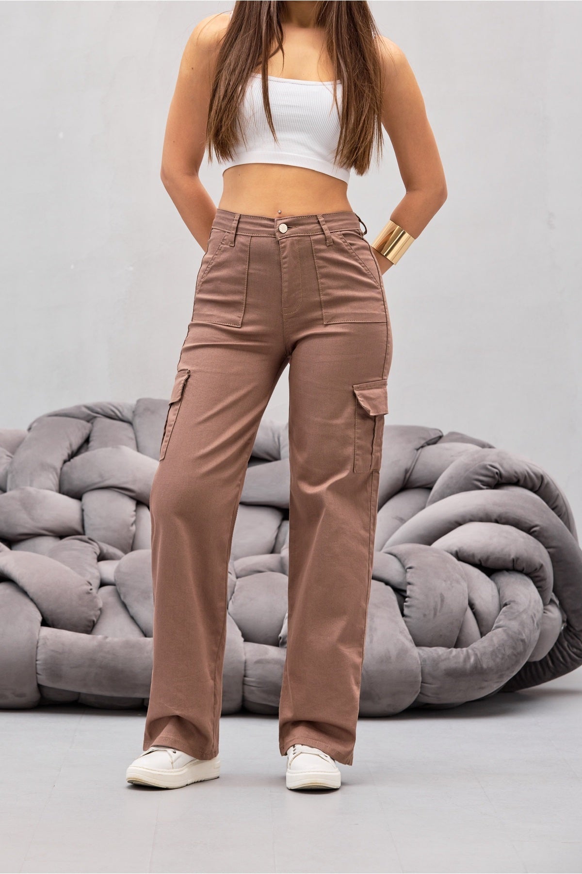 VİZON Kargo Cepli Likralı Yüksek Bel Wide Leg Pantolon - MALLTURK