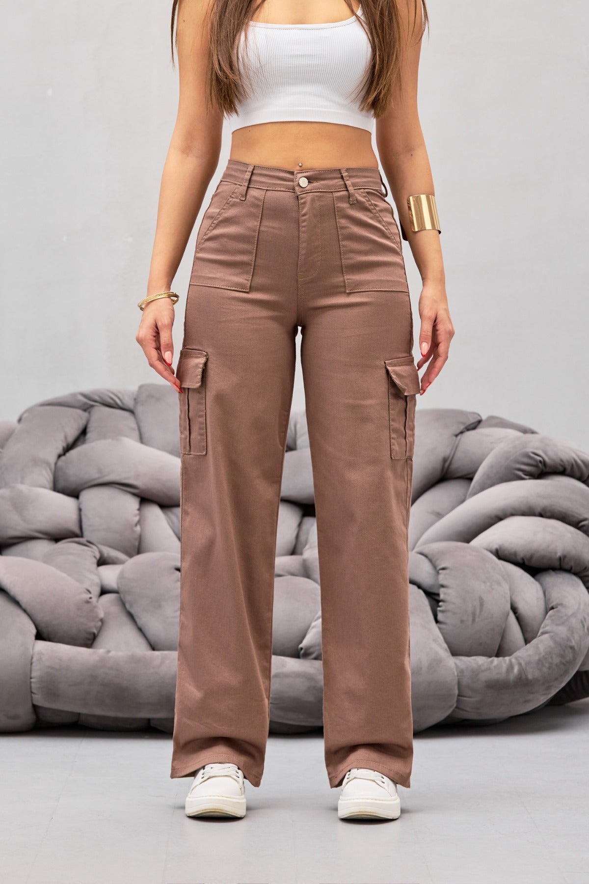 VİZON Kargo Cepli Likralı Yüksek Bel Wide Leg Pantolon - MALLTURK