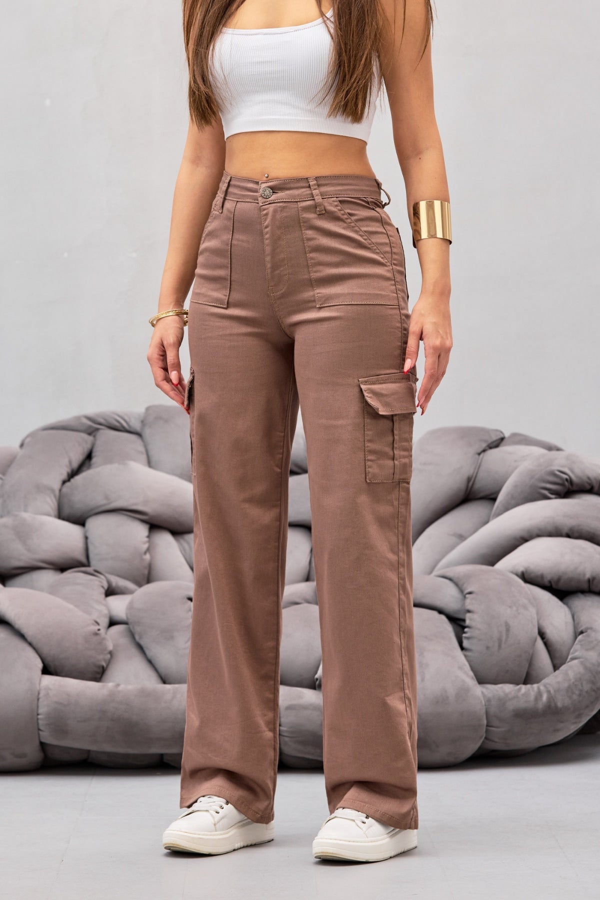 VİZON Kargo Cepli Likralı Yüksek Bel Wide Leg Pantolon - MALLTURK