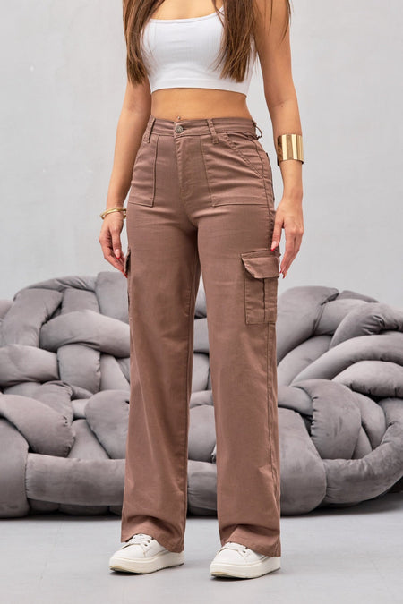 VİZON Kargo Cepli Likralı Yüksek Bel Wide Leg Pantolon - MALLTURK