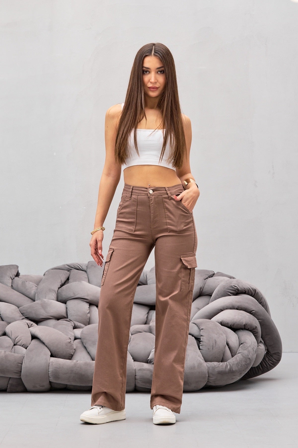 VİZON Kargo Cepli Likralı Yüksek Bel Wide Leg Pantolon - MALLTURK