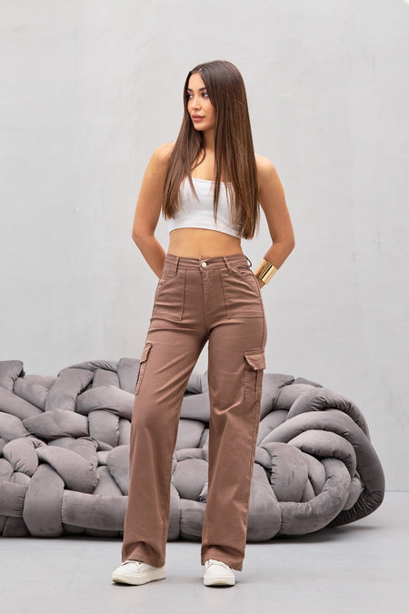 VİZON Kargo Cepli Likralı Yüksek Bel Wide Leg Pantolon - MALLTURK