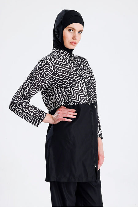 Water Repellent Parachute Hijab Swimsuit Black White - MALLTURK