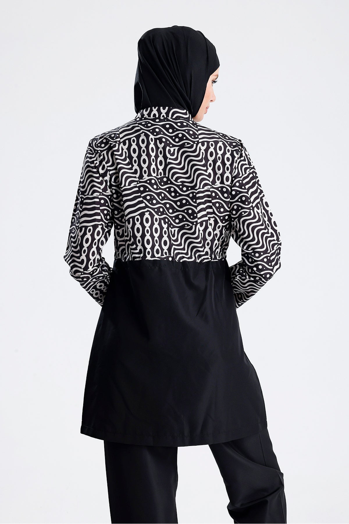 Water Repellent Parachute Hijab Swimsuit Black White - MALLTURK