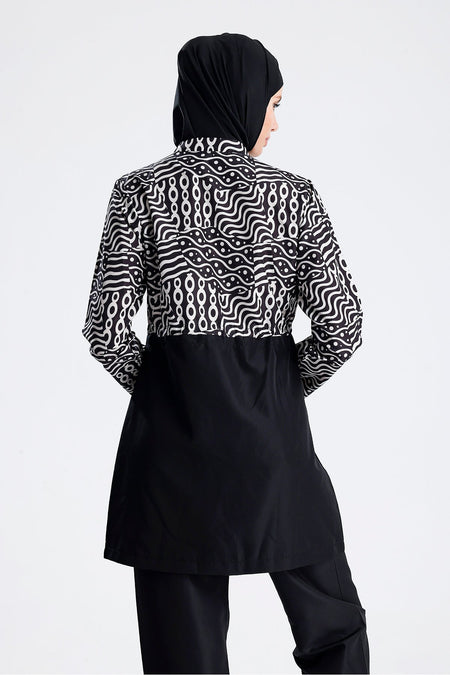 Water Repellent Parachute Hijab Swimsuit Black White - MALLTURK