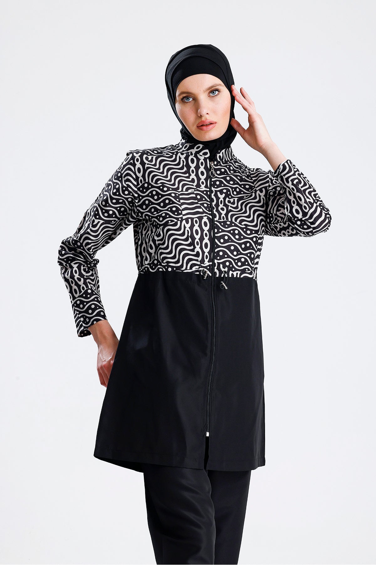 Water Repellent Parachute Hijab Swimsuit Black White - MALLTURK