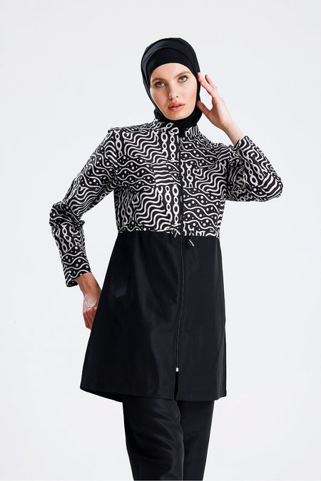 Water Repellent Parachute Hijab Swimsuit Black White - MALLTURK