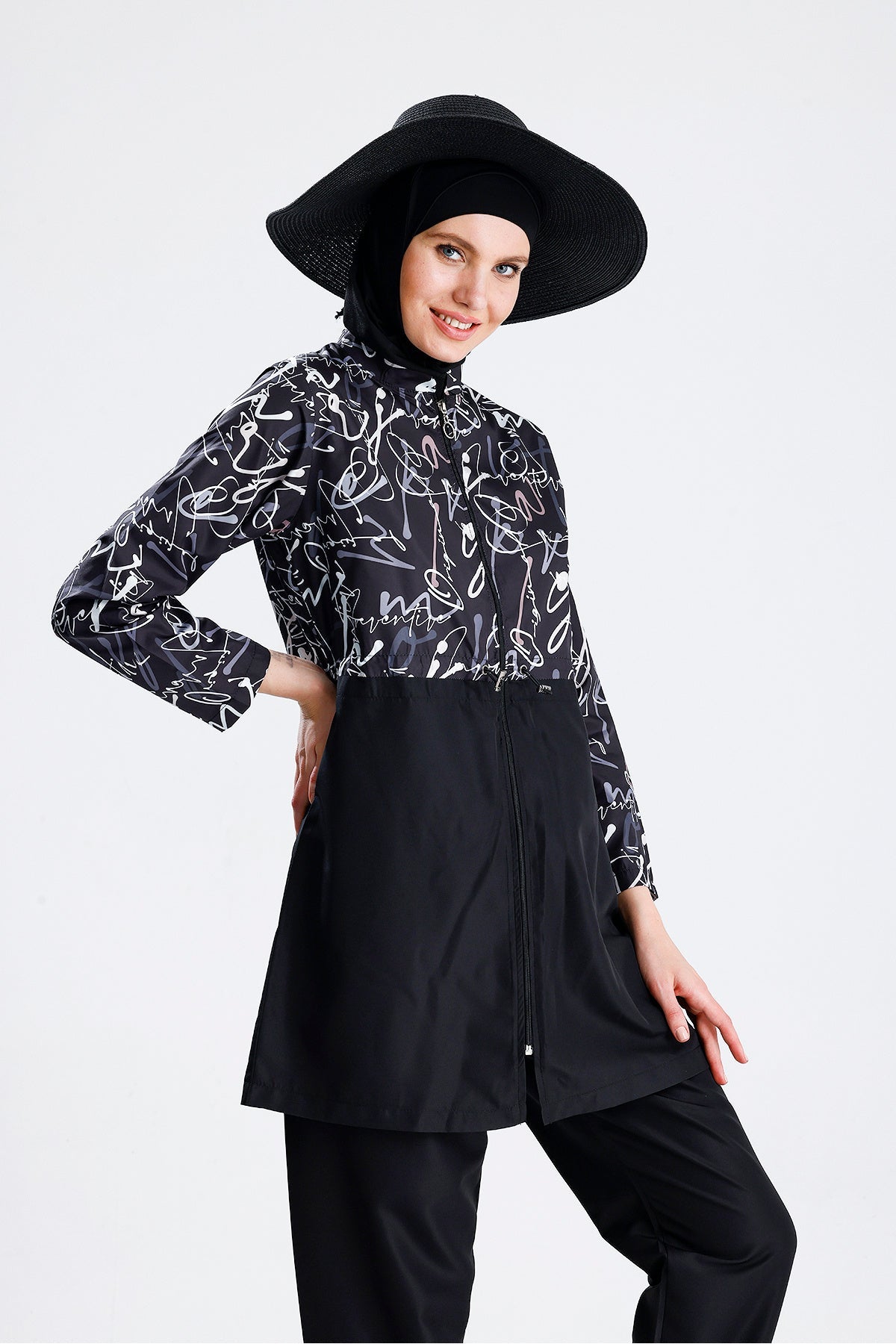 Water Repellent Parachute Hijab Swimsuit Straw Hat Not Included Black Written - MALLTURK