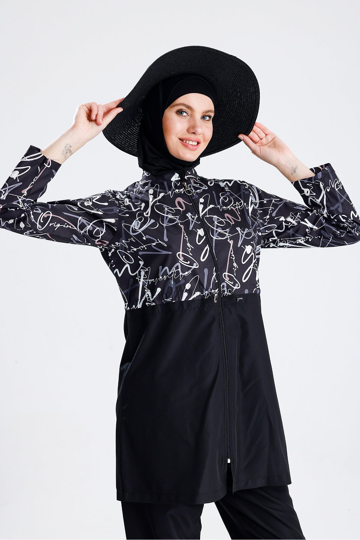 Water Repellent Parachute Hijab Swimsuit Straw Hat Not Included Black Written - MALLTURK