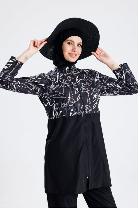 Water Repellent Parachute Hijab Swimsuit Straw Hat Not Included Black Written - MALLTURK