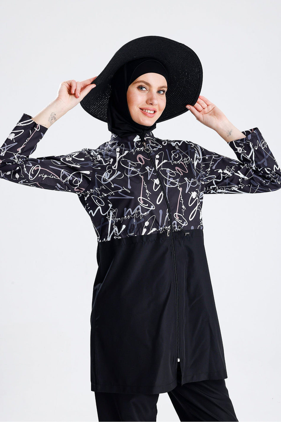 Water Repellent Parachute Hijab Swimsuit Straw Hat Not Included Black Written - MALLTURK