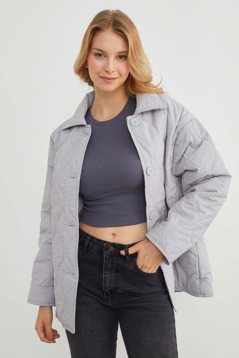 Water Wave Patterned Quilted Oversized Buttoned Coat - MALLTURK