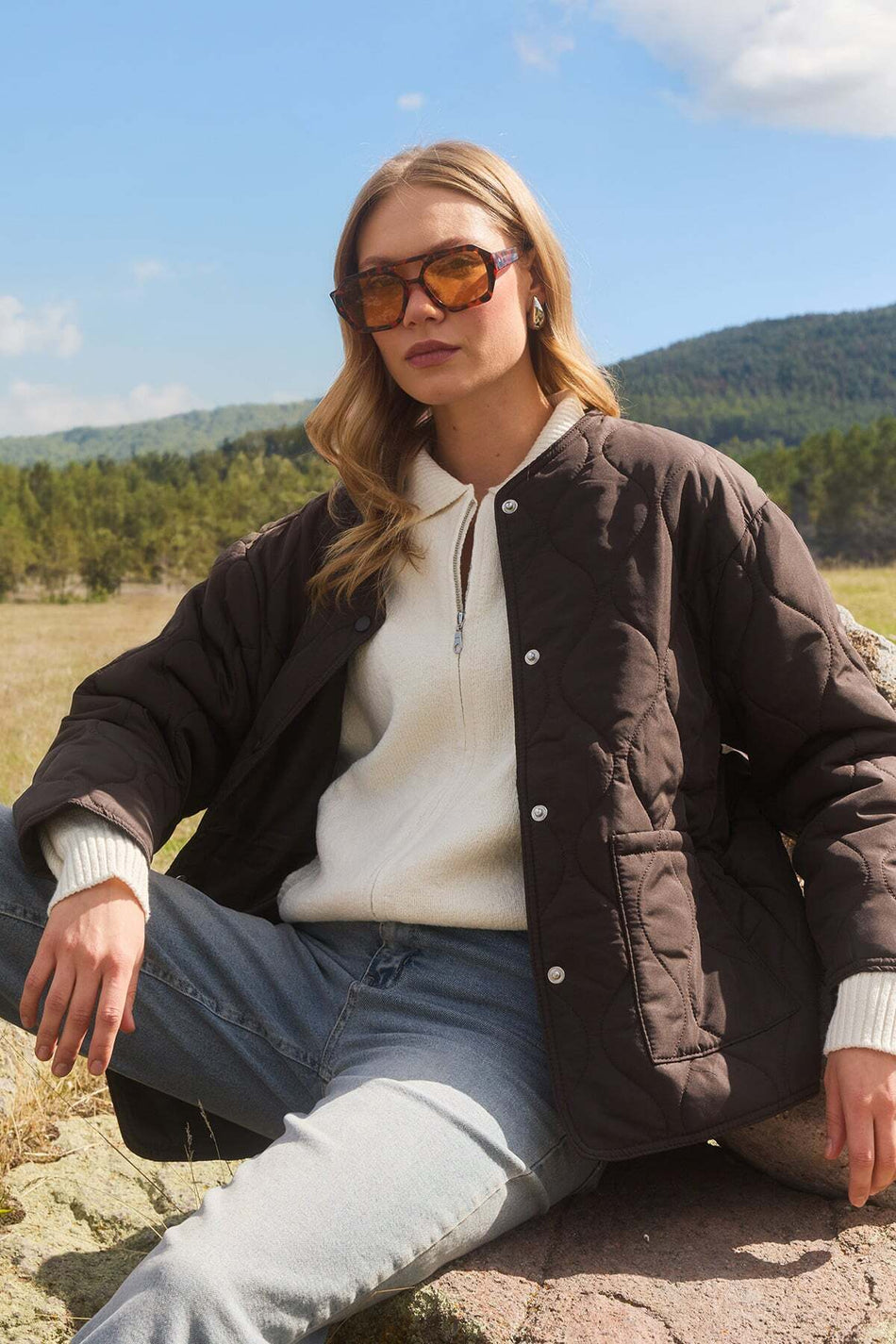 Waterway Patterned Quilted Snap Button Coat - MALLTURK