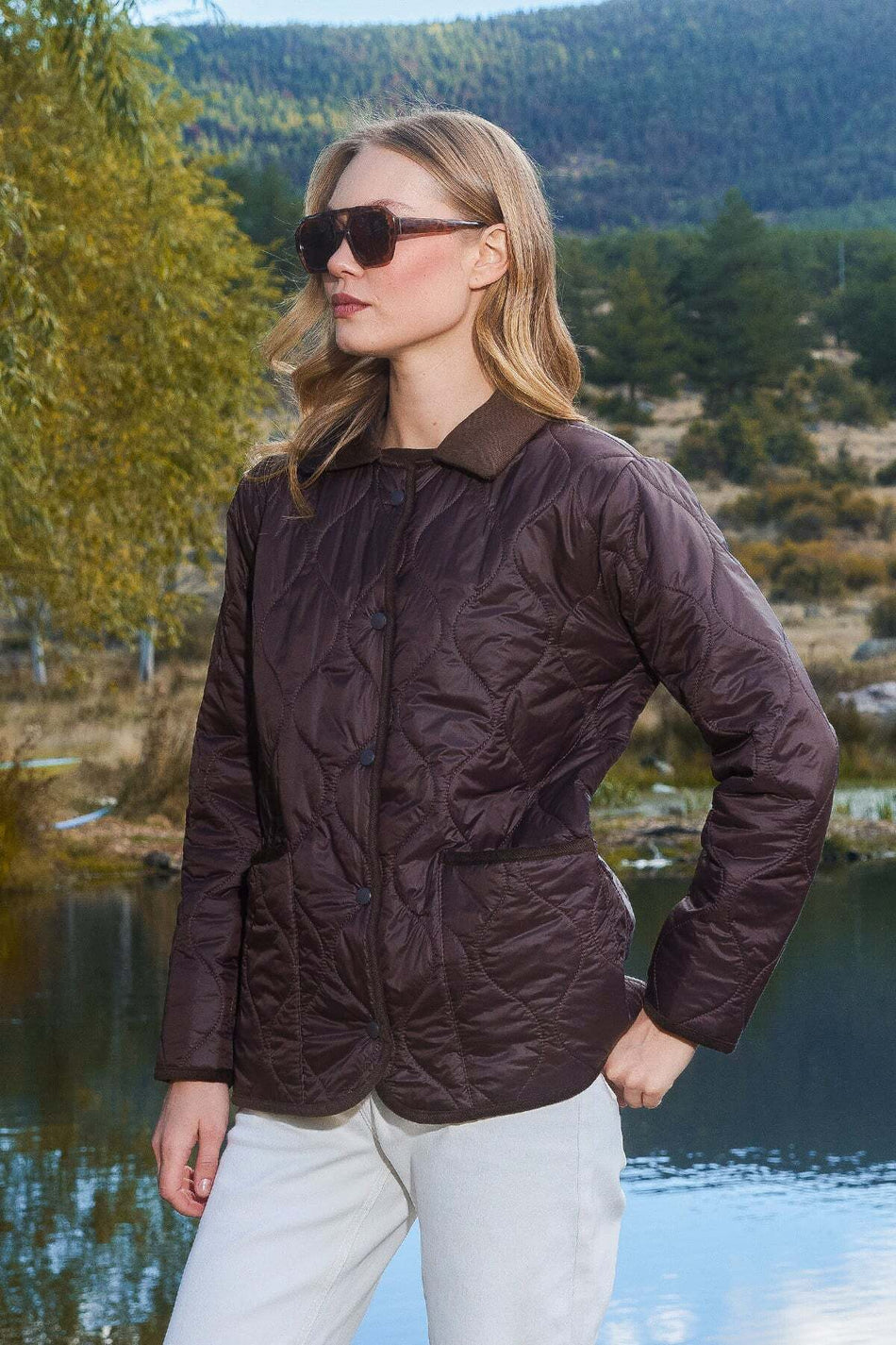 Waterway Patterned Velvet Detailed Quilted Coat - MALLTURK