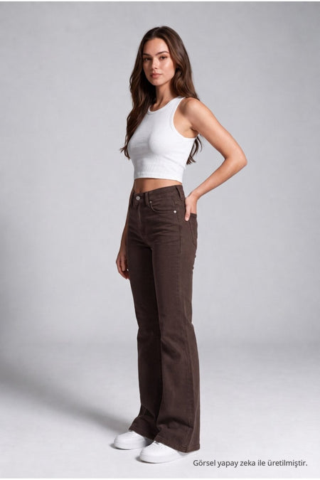 Wide-leg Lycra/Stretch Jeans, Brown - MALLTURK