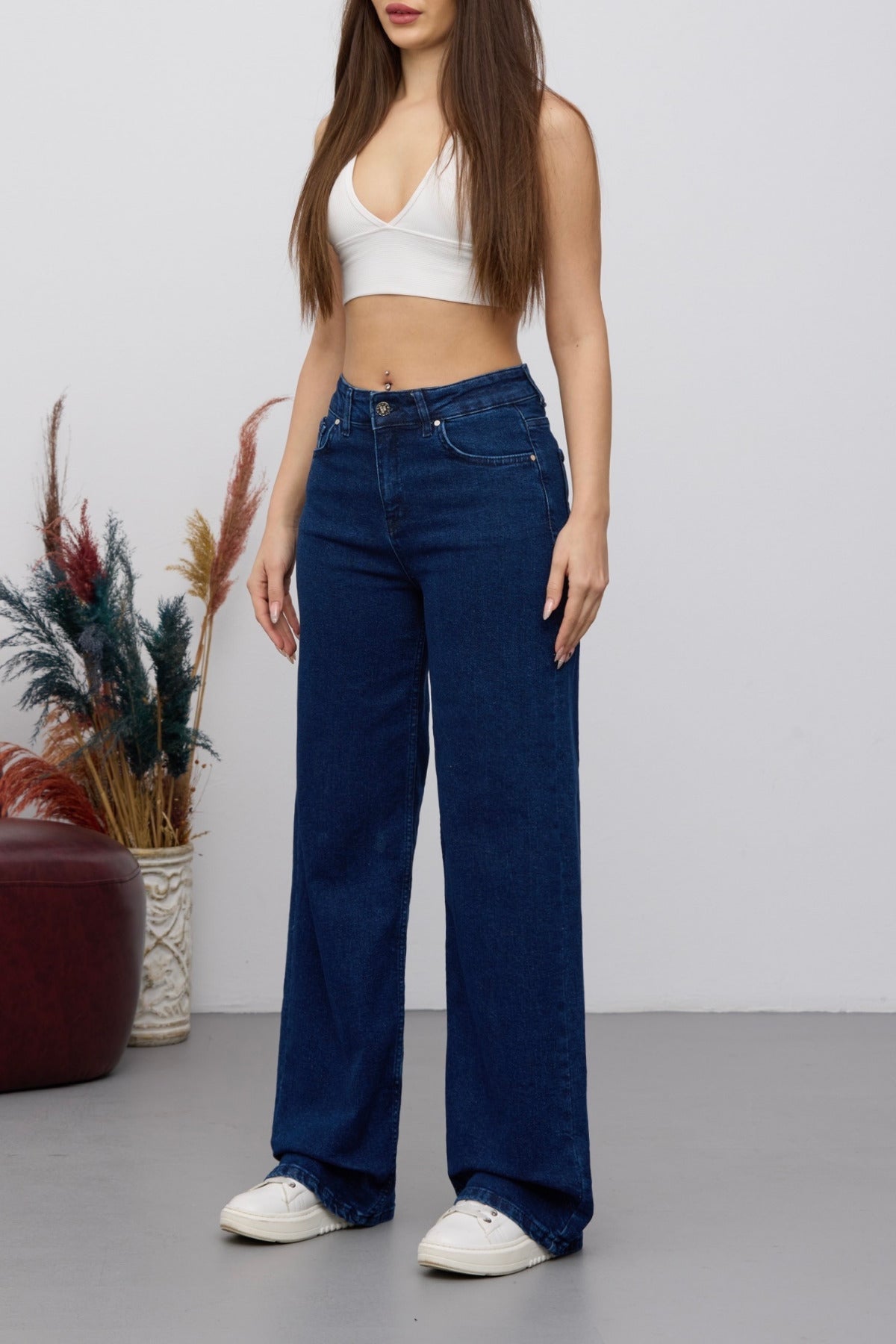Women's 90's Flexible Wide Leg Loose Palazzo Jeans Navy Blue - MALLTURK