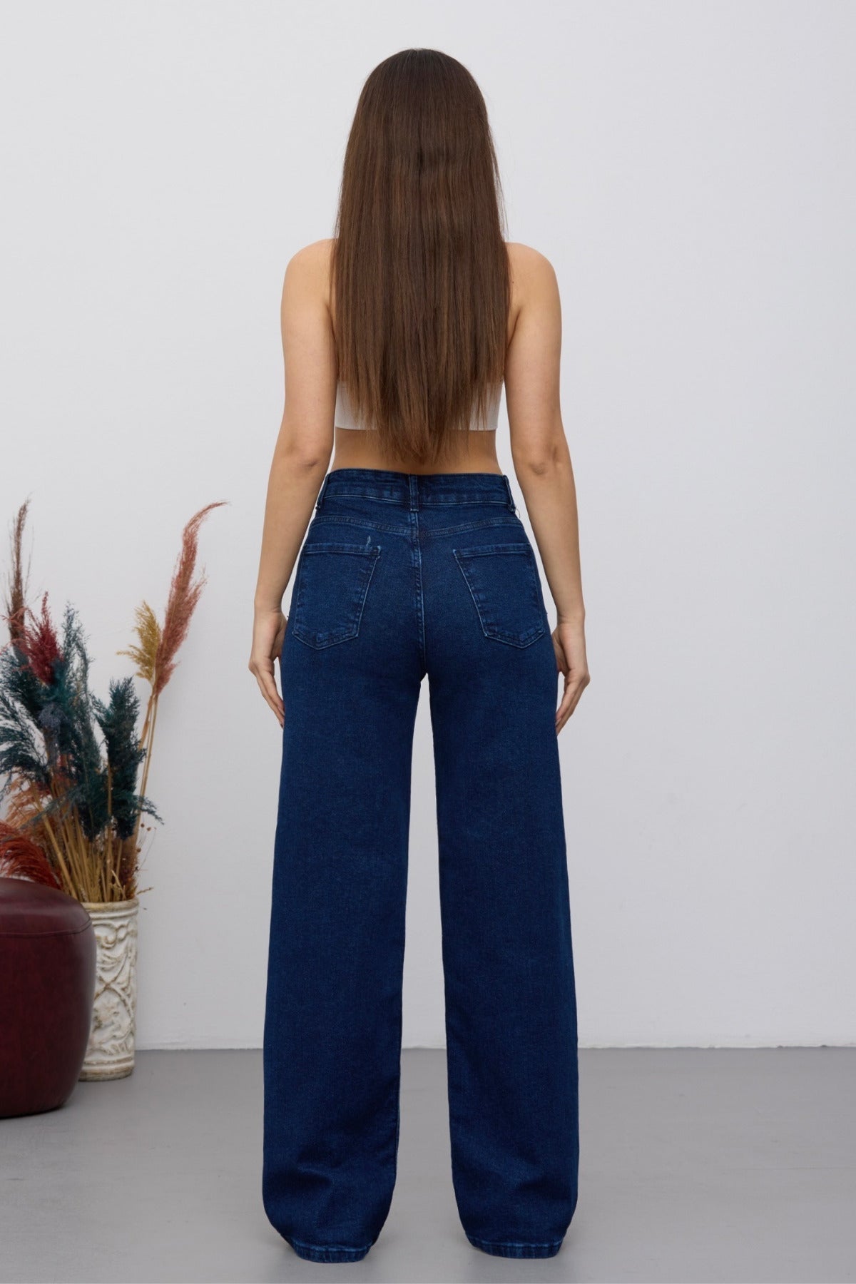Women's 90's Flexible Wide Leg Loose Palazzo Jeans Navy Blue - MALLTURK