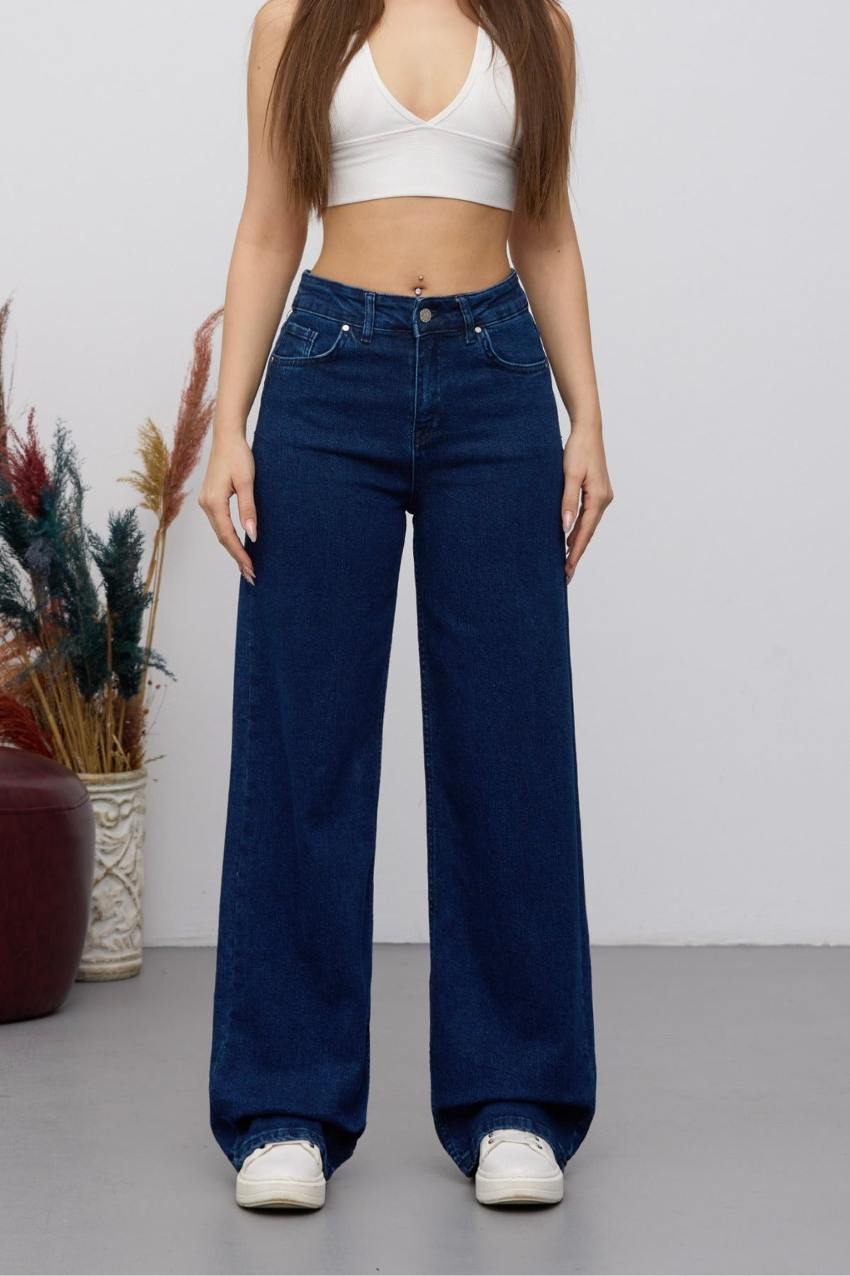 Women's 90's Flexible Wide Leg Loose Palazzo Jeans Navy Blue - MALLTURK