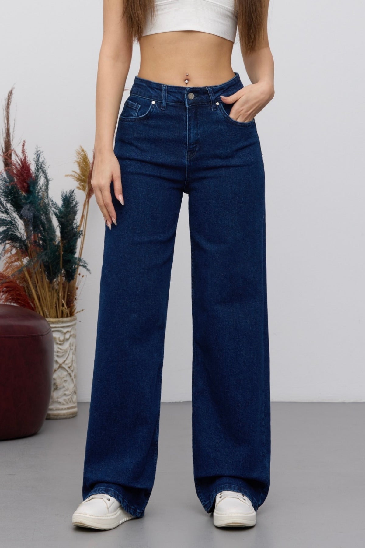 Women's 90's Flexible Wide Leg Loose Palazzo Jeans Navy Blue - MALLTURK