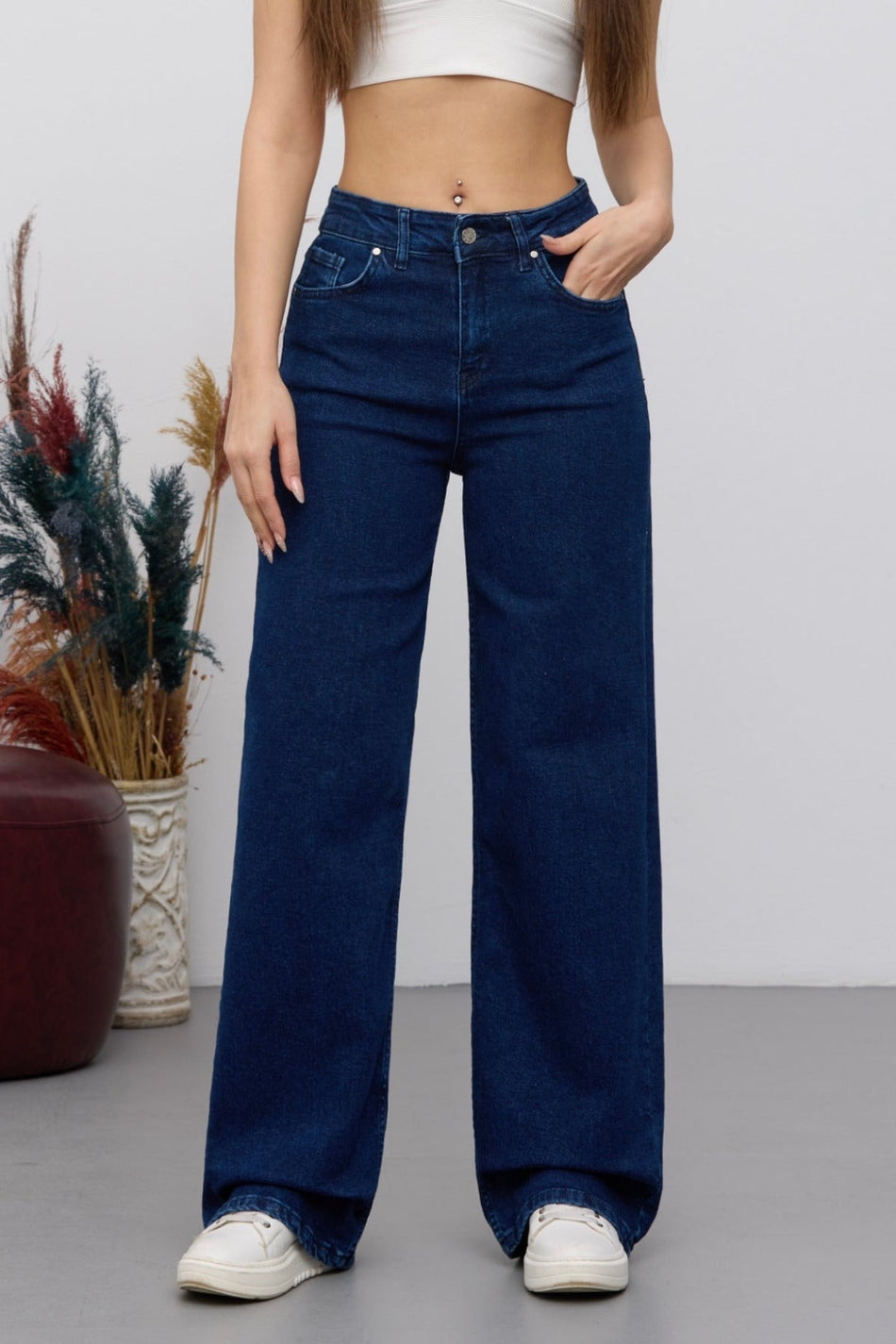 Women's 90's Flexible Wide Leg Loose Palazzo Jeans Navy Blue - MALLTURK