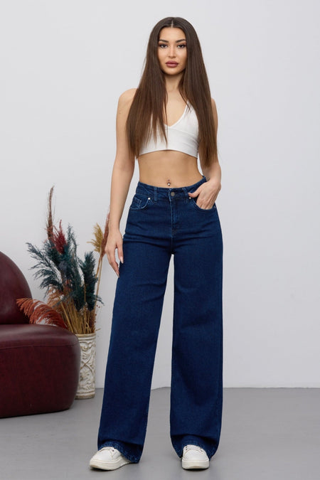 Women's 90's Flexible Wide Leg Loose Palazzo Jeans Navy Blue - MALLTURK